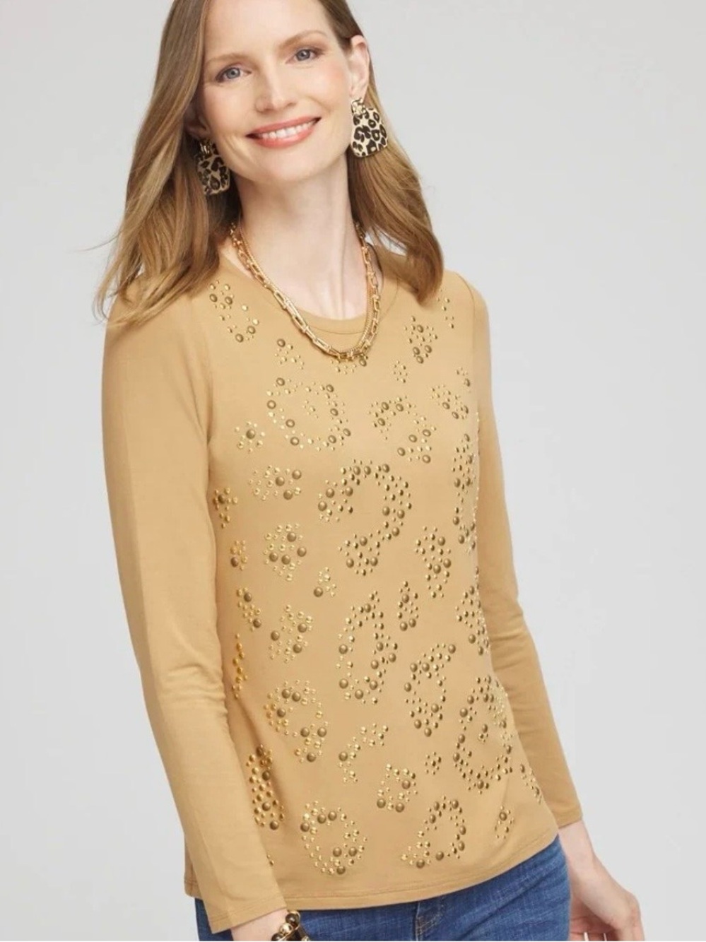 Chico's Touch of Cool Leopard LS Tee Basic Knit Camel